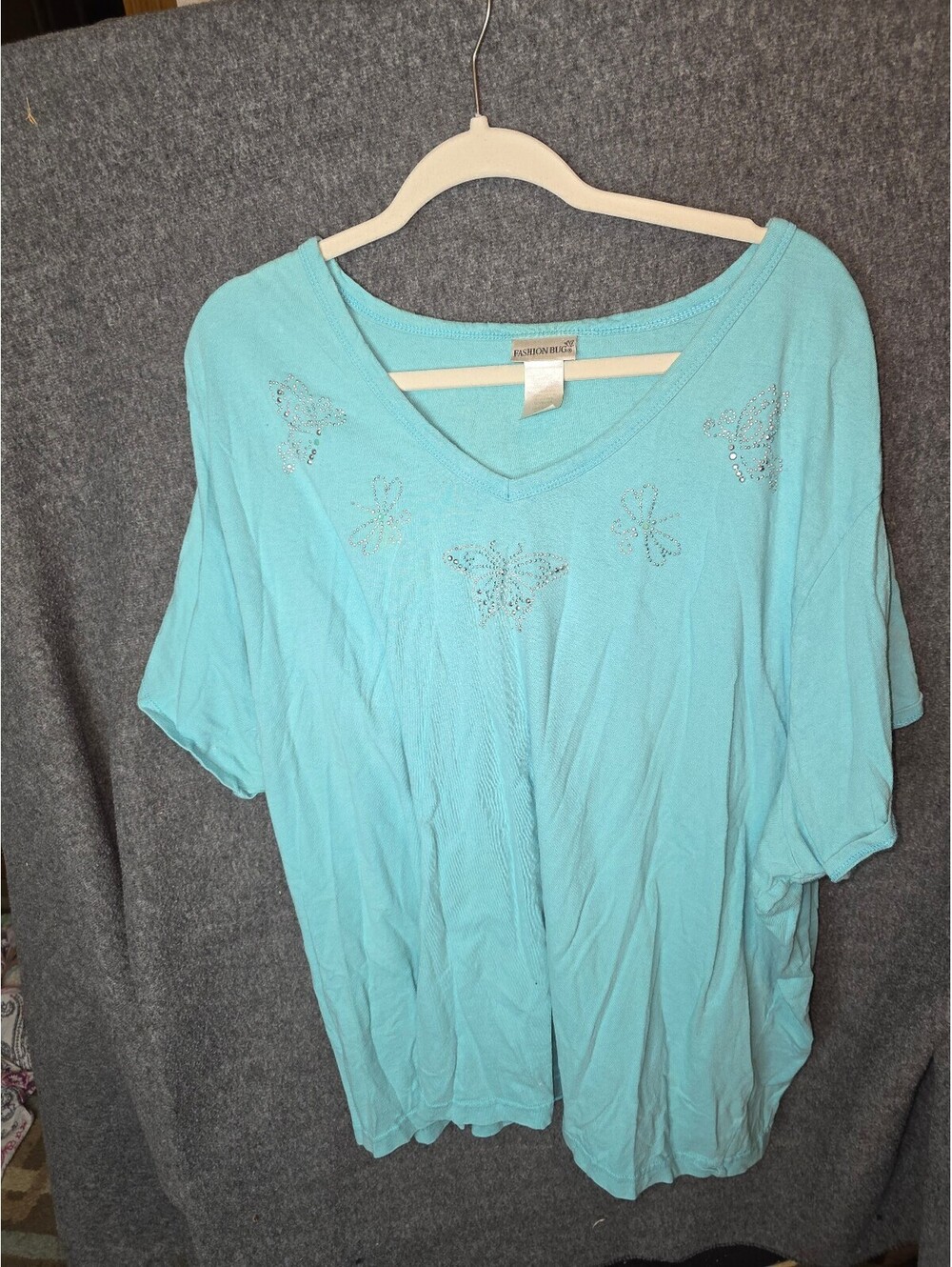Fashion Bug Light Blue V-Neck Shirt with Rhinestone Butterfly and Flower Accents